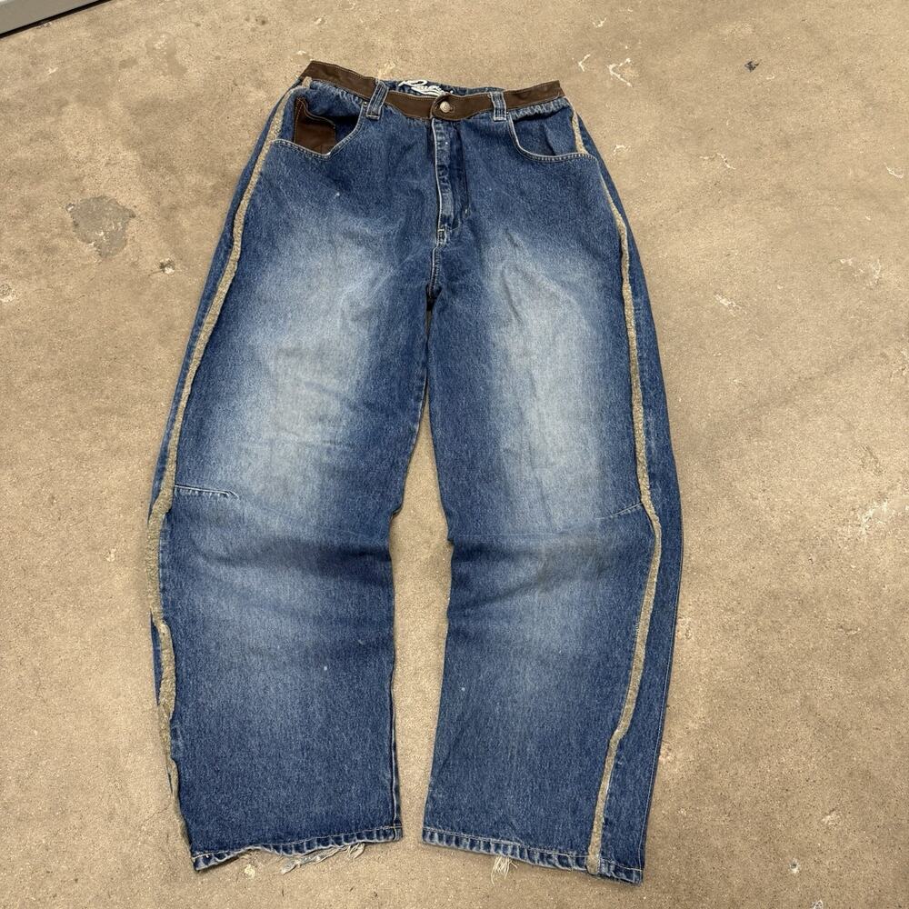 VINTAGE Y2K DAVOUCCI DENIM LEATHER HIP HOP GRUNGE BAGGY JEANS 32x34